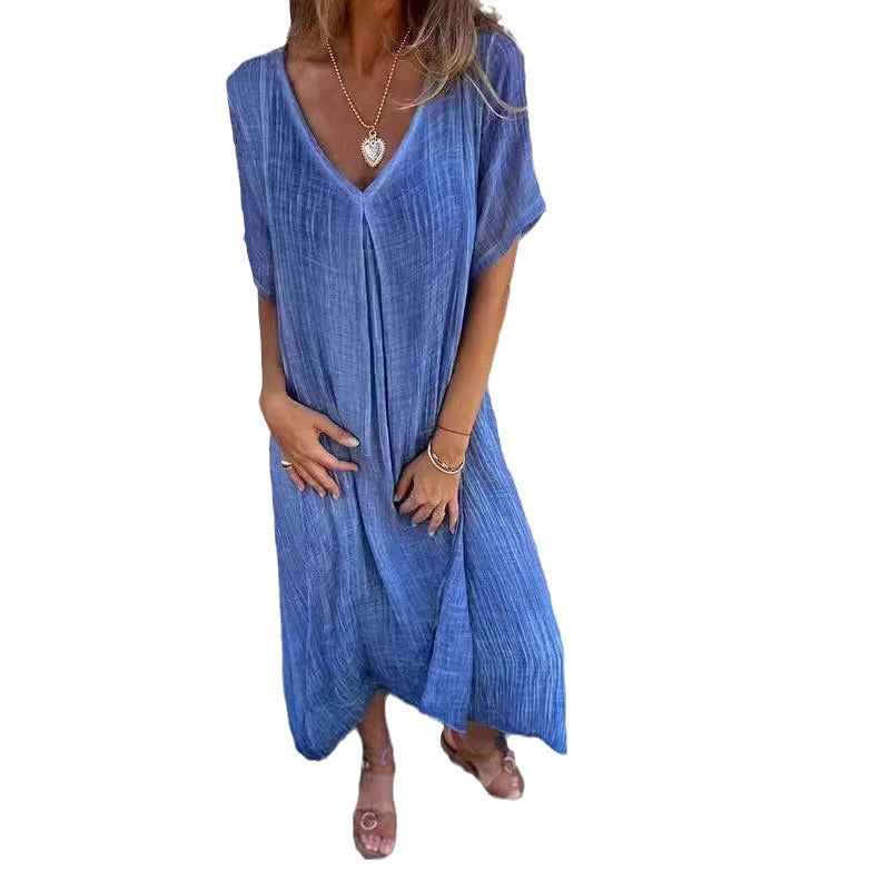 Damen Leichtes Sommerkleid mit V-Ausschnitt und weiten Ärmeln Drune