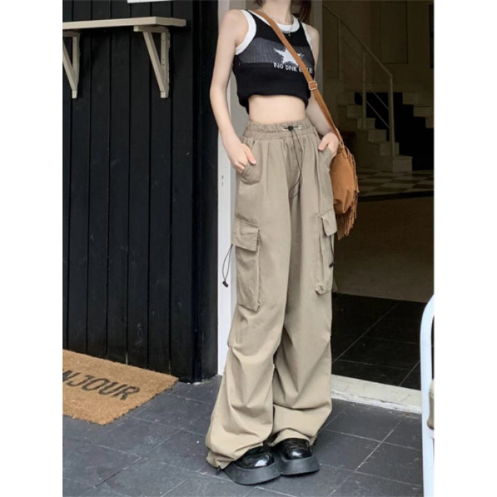 Damen nan Cargo-Hose mit hoher Taille, Elastikbund, großen Klappentaschen und Kordelzug Drune