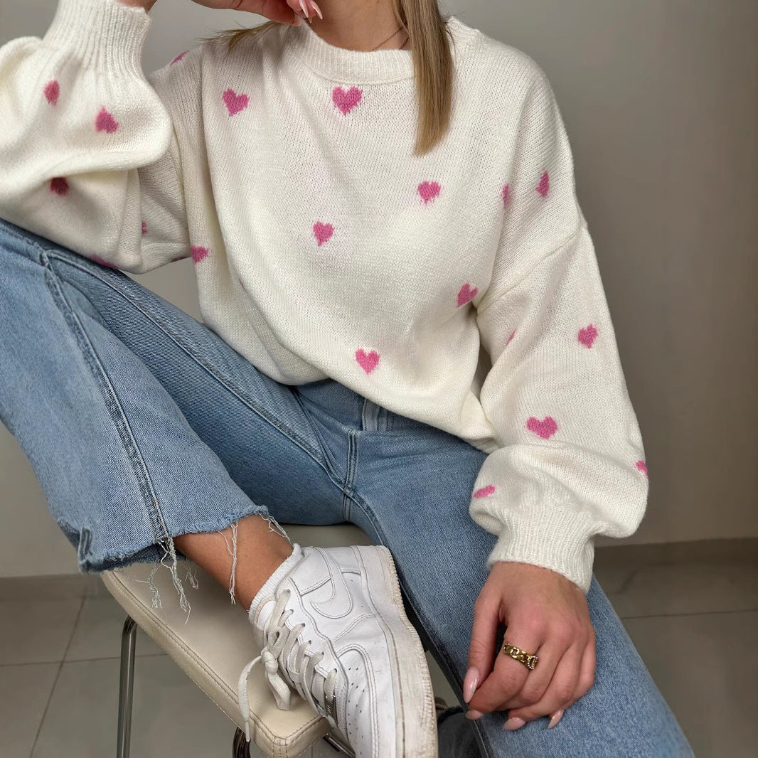 Damen nan oversized Strickpullover mit Herzintarsien und Ballonärmeln Drune