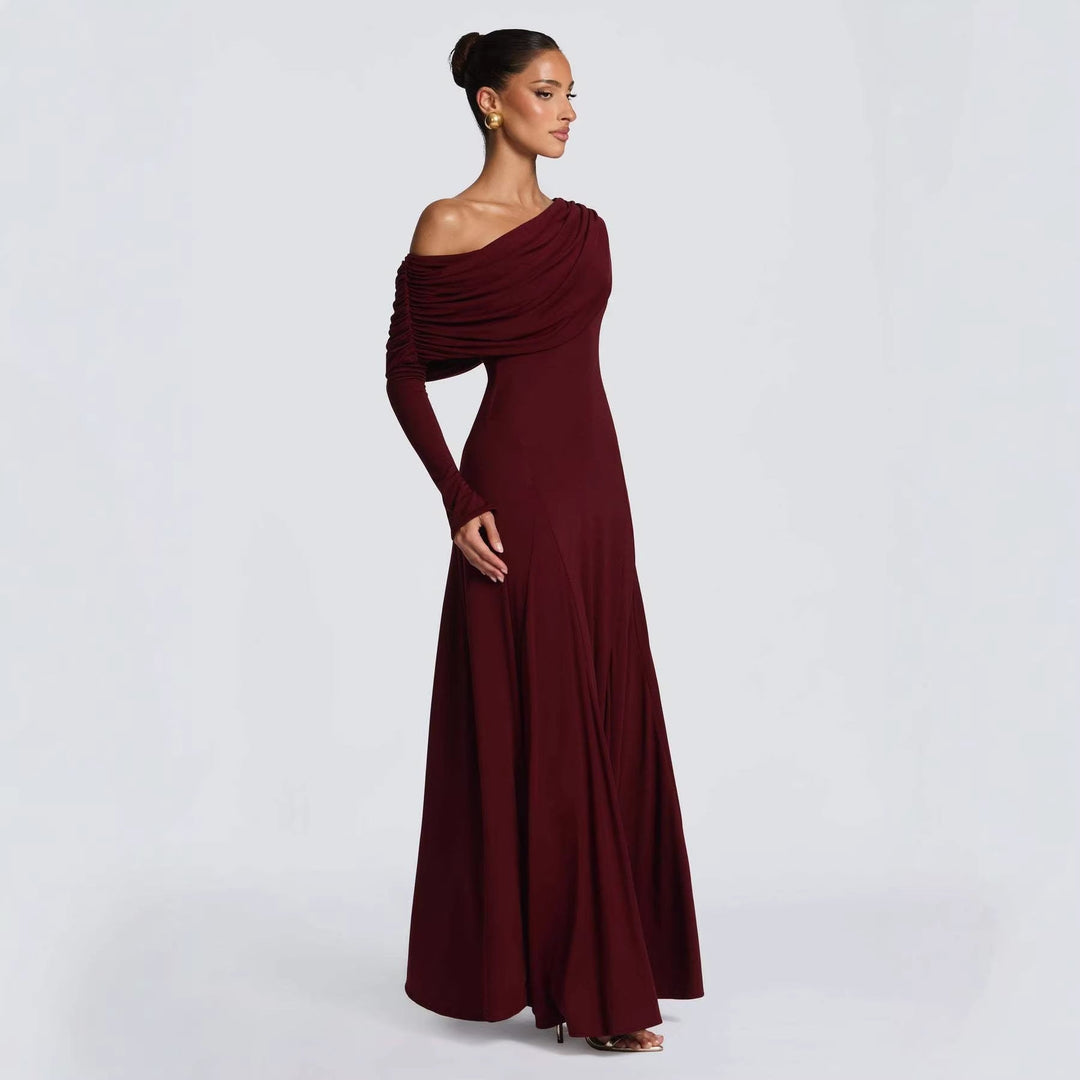 Damen Elegantes Langarm-Maxikleid mit asymmetrischem Drapierungsdetail Drune