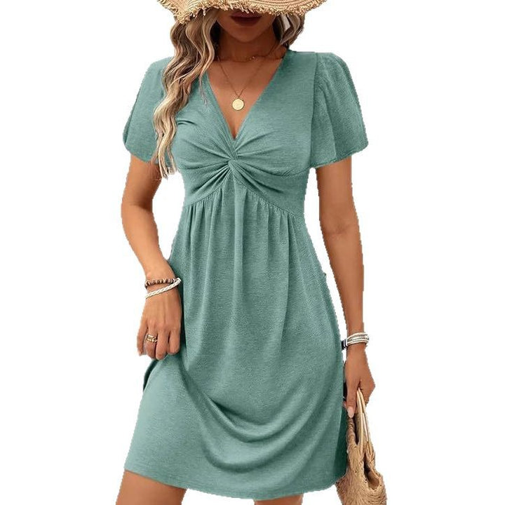 Damen lässiges Wickelkleid mit V-Ausschnitt und kurzen Ärmeln Drune