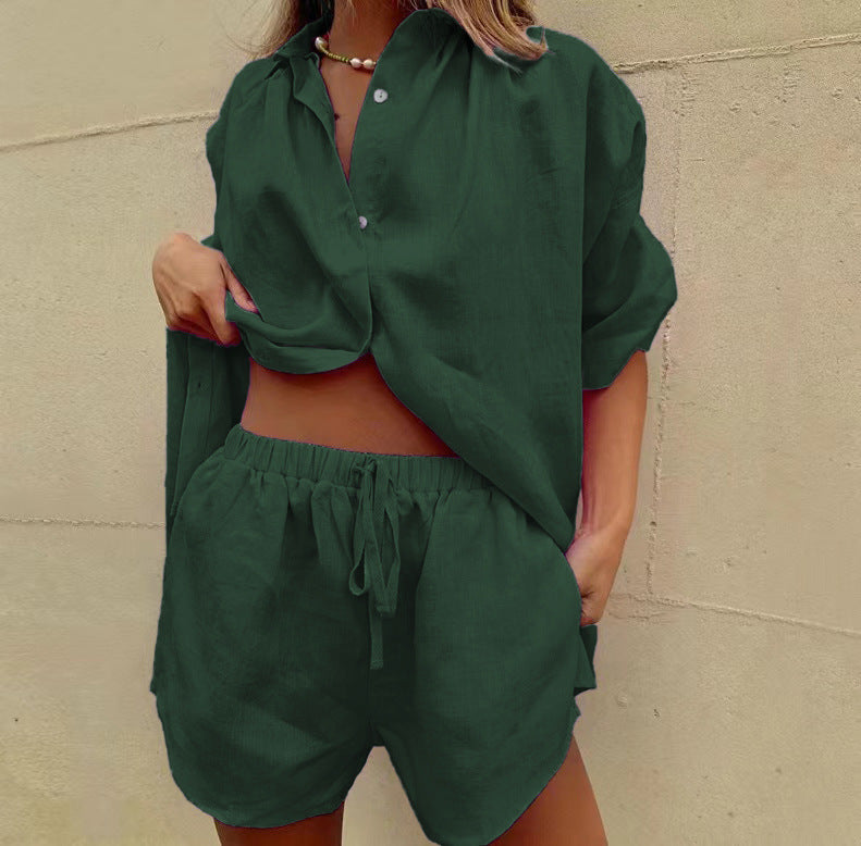 Damen lässiges Leinen-Set mit oversized Hemd und kurzen Hosen Drune