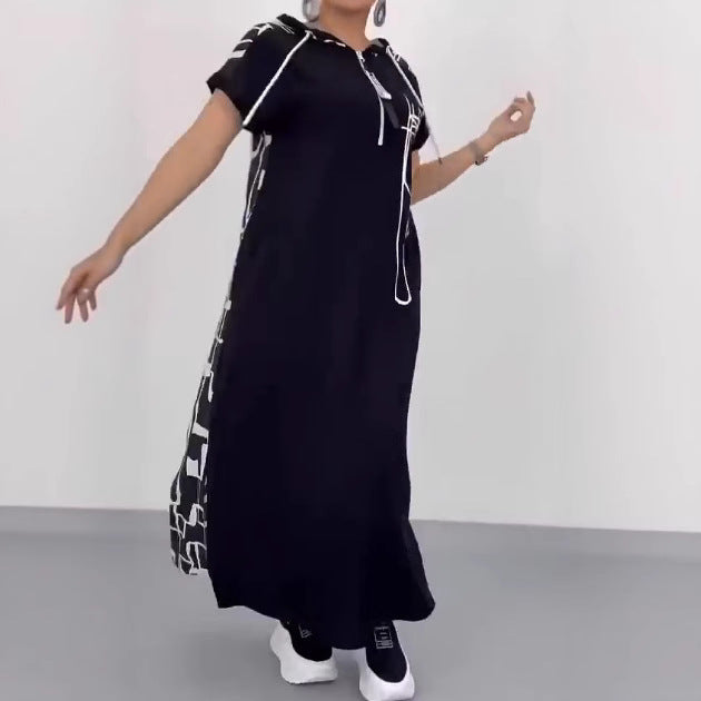Damen nan urbanes Kapuzen‑Kaftankleid in lockerem Fall mit kurzärmeligem Schnitt und abstraktem Grafikmuster Drune