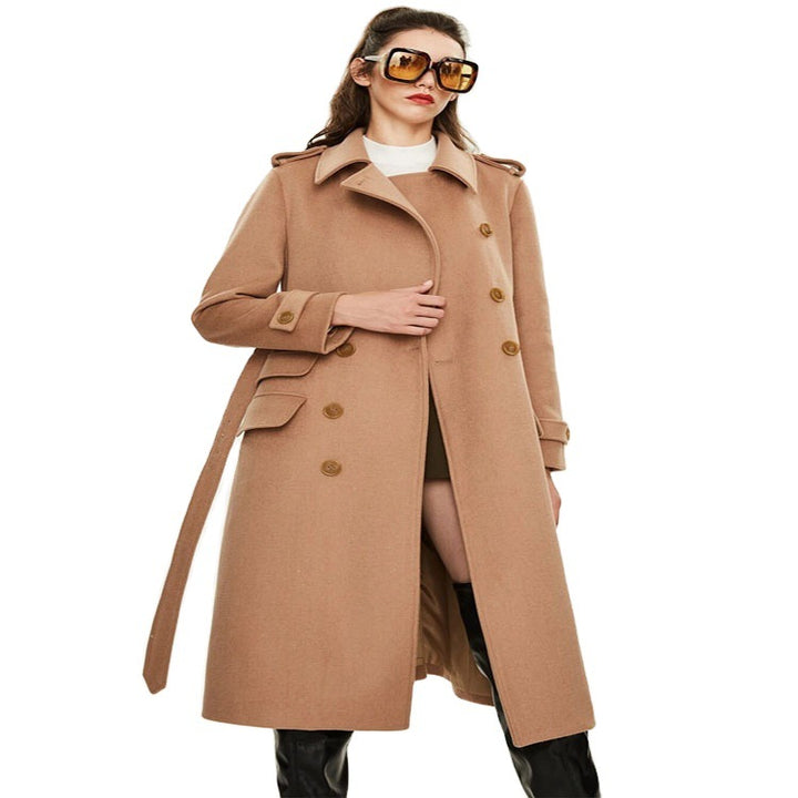 Damen taillierter A‑Linien Trenchcoat aus Woll‑Kaschmirmix mit Taillengürtel und Patten Drune