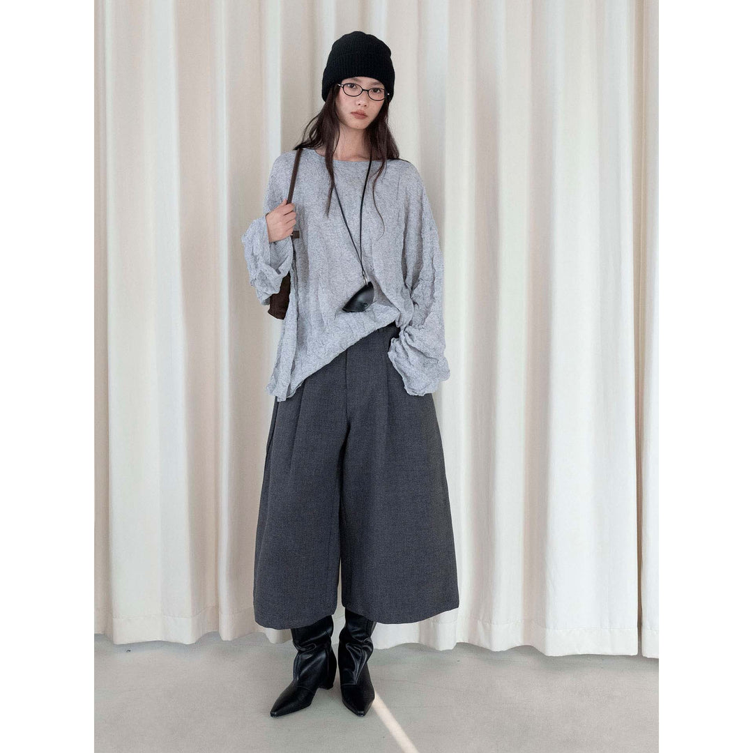 Damen Hochtaillierte Culotte-Hose in Wolloptik mit Bundfalte und weitem Bein Drune