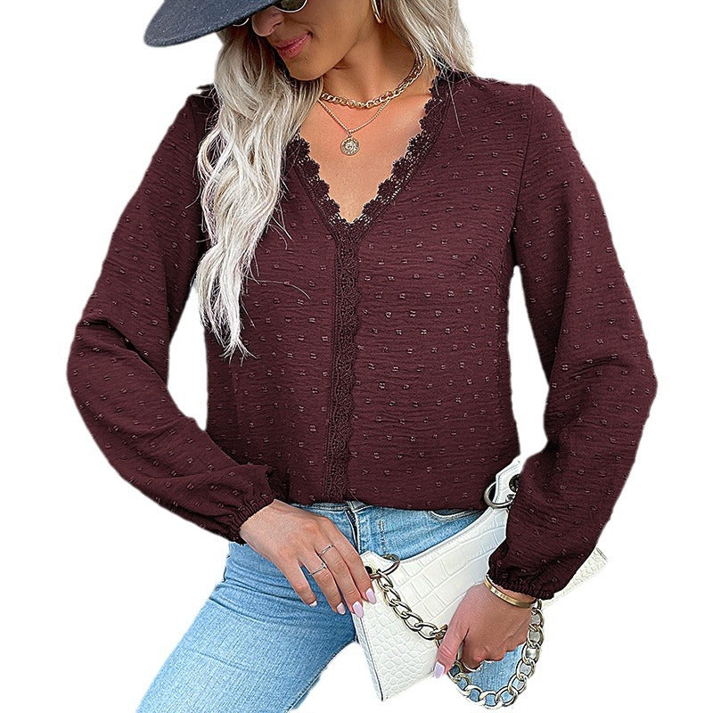 Damen Elegante Bluse mit Rüschendetails und Spitzenakzent Drune