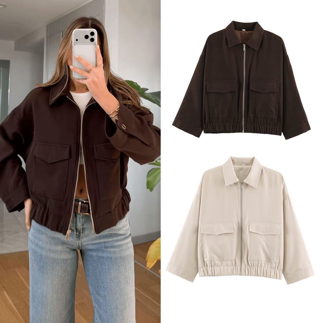 Damen Boxy Kurzblouson mit aufgesetzten Pattentaschen und Gummizugsaum Drune