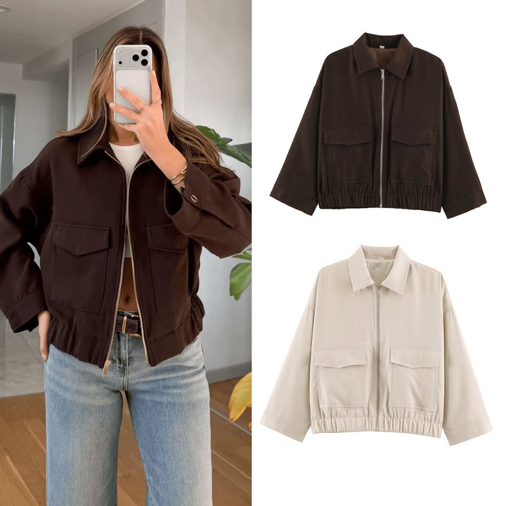Damen Boxy Kurzblouson mit aufgesetzten Pattentaschen und Gummizugsaum Drune