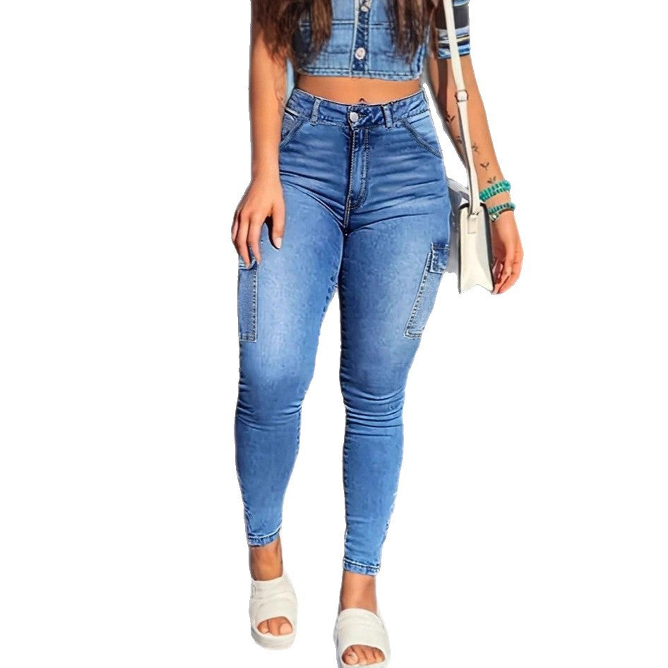 Damen hochtaillierte formende Skinny-Jeans mit Cargo-Taschen und Superstretch-Denim Drune