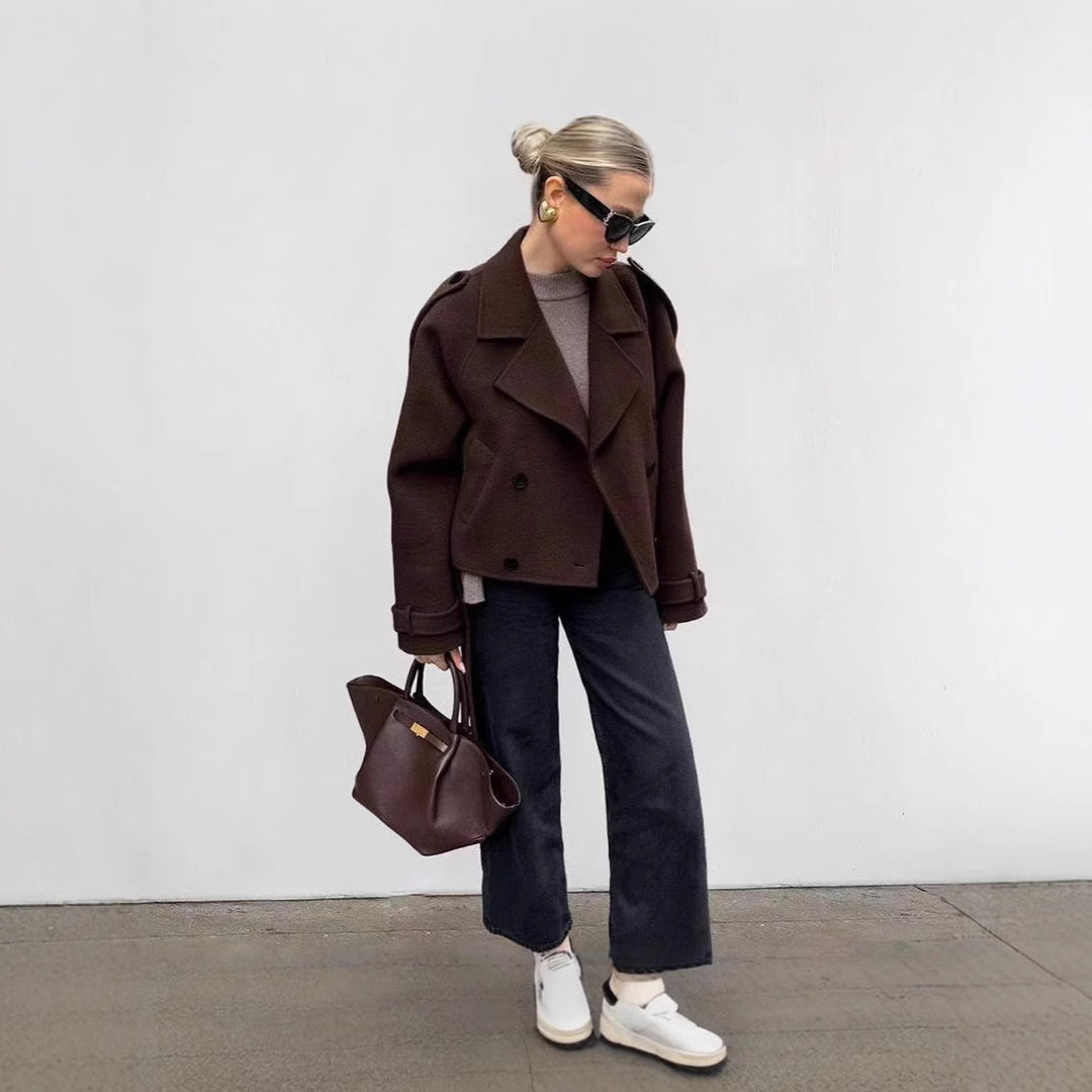 Damen modische cropped Jacke mit breitem Kragen und tailliertem Schnitt Drune