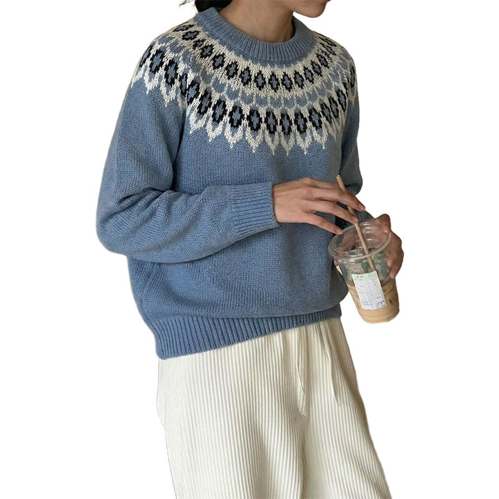 Damen Rundhals-Pullover mit Jacquard-Yoke und Relaxed-Fit Drune