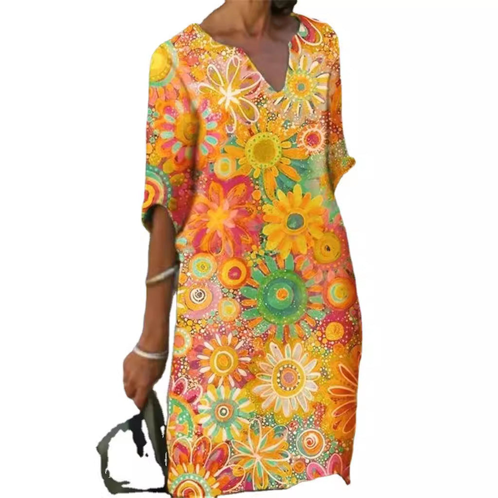 Damen lässiges Freizeitkleid mit floralen Mustern und V-Ausschnitt Drune