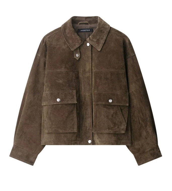 Damen 100+ kurze Veloursleder‑Blousonjacke mit Pattentaschen und Druckknopfverschluss Drune