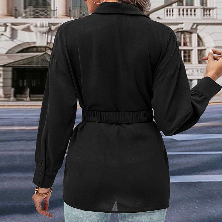 Damen Hemdblusenshirt mit elastischem Taillenband und Schmuckschließe Drune
