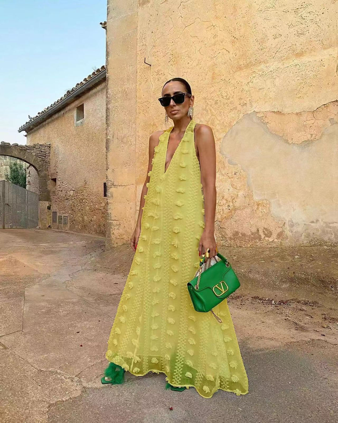 Damen Maxikleid mit 3D-Texturen und tiefem V-Ausschnitt Drune