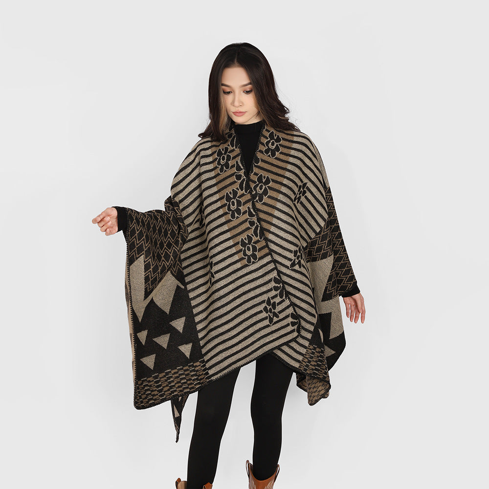 Damen Vielseitiger Strickponcho im Patchwork-Jacquard mit V-Ausschnitt und asymmetrischem Zipfelsaum Drune