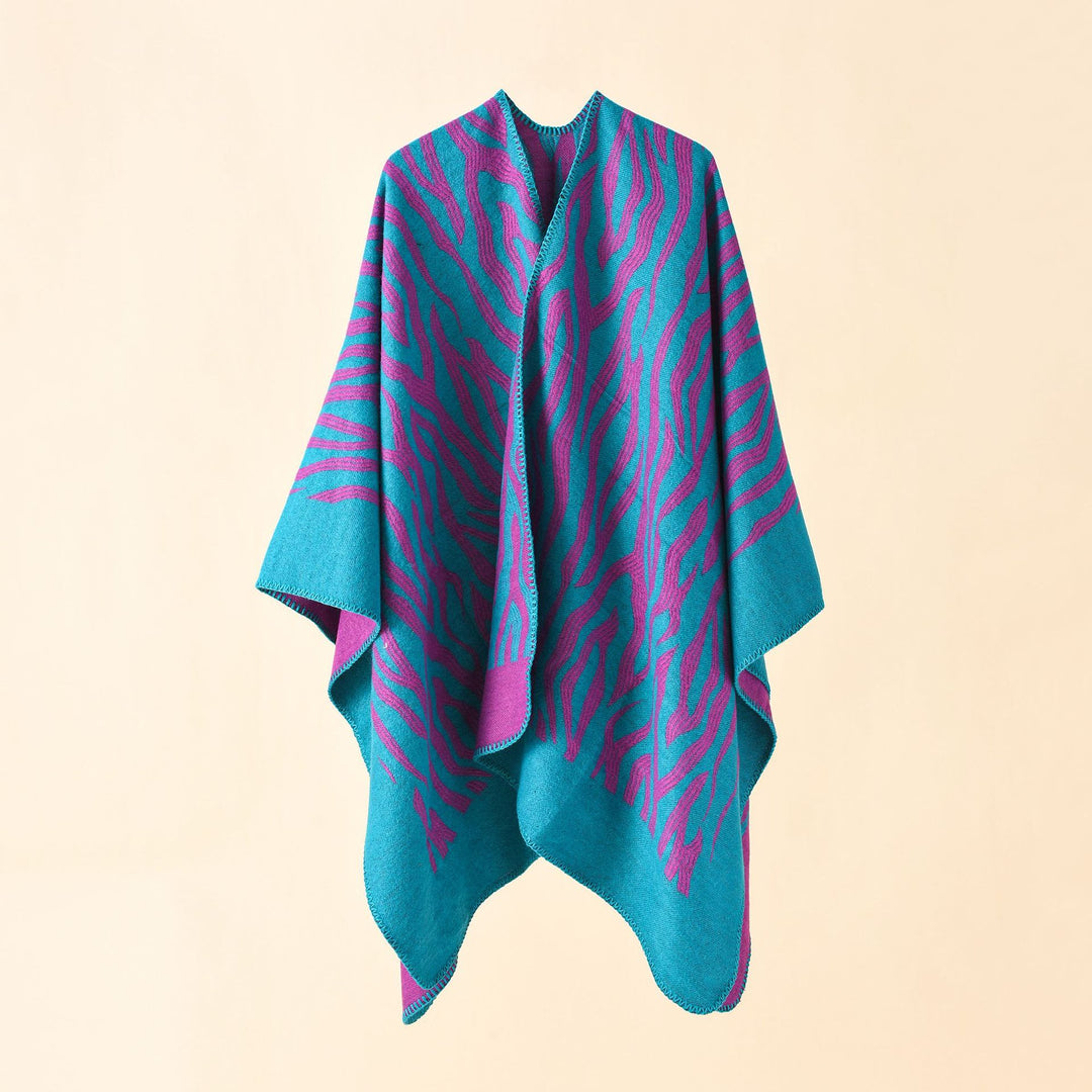 Damen Zebra‑Jacquard Poncho‑Cape im Oversize‑Kimono‑Fall aus weichem Feinstrick Drune
