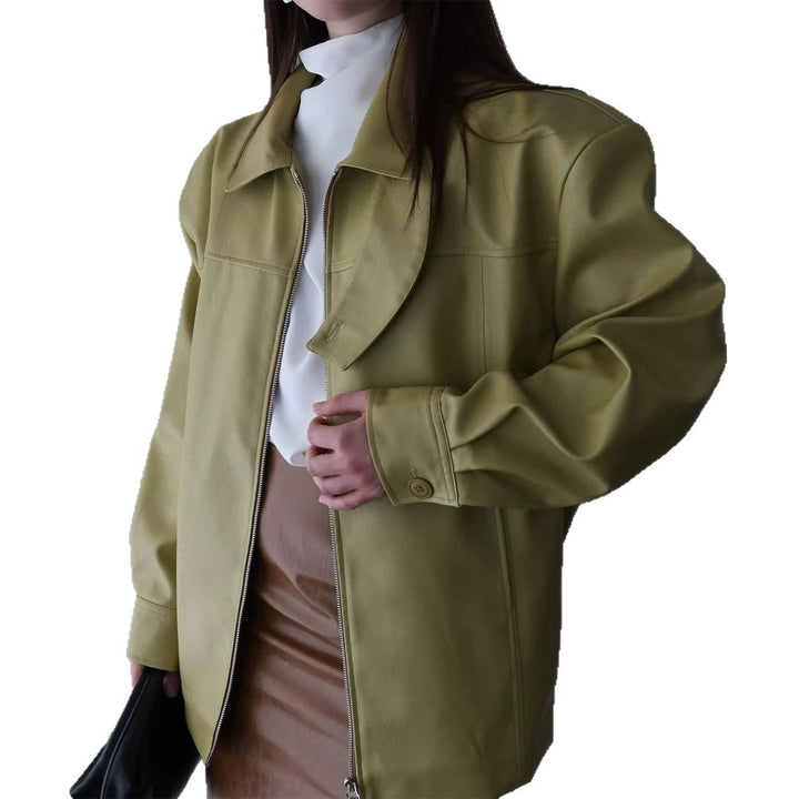 Damen Boxy-Kunstlederjacke mit hohem Stehkragen, Frontzip und Taillenschärpe Drune