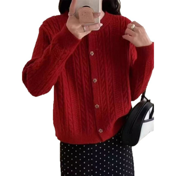 Damen elegante Strickjacke mit Zopfmuster und dekorativen Knöpfen Drune