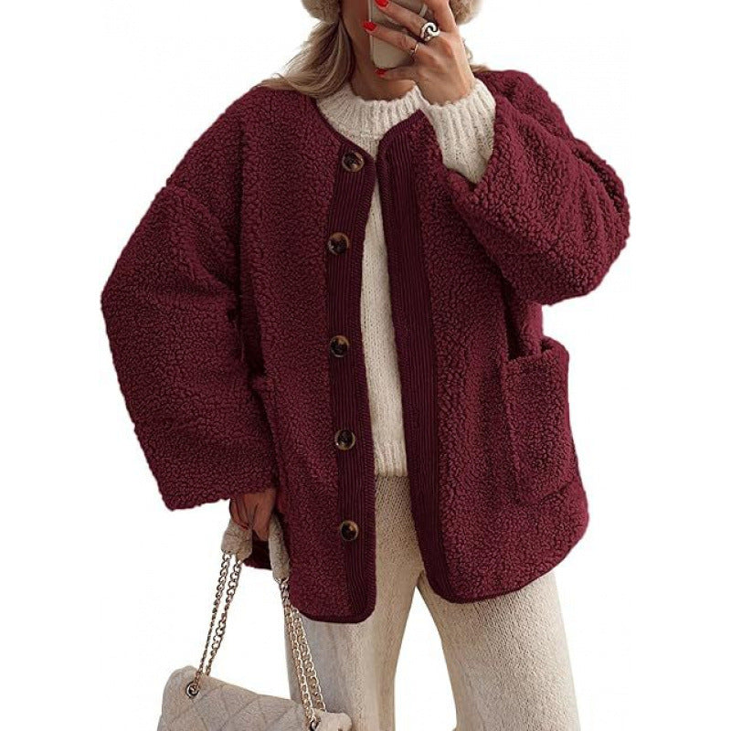 Damen Kuschelige Teddyjacke mit Knopfverschluss und aufgesetzten Taschen Drune