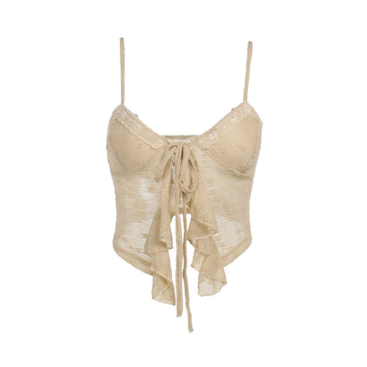 Damen Spitzen Elemente Crop-Top mit Rüschendetails Drune