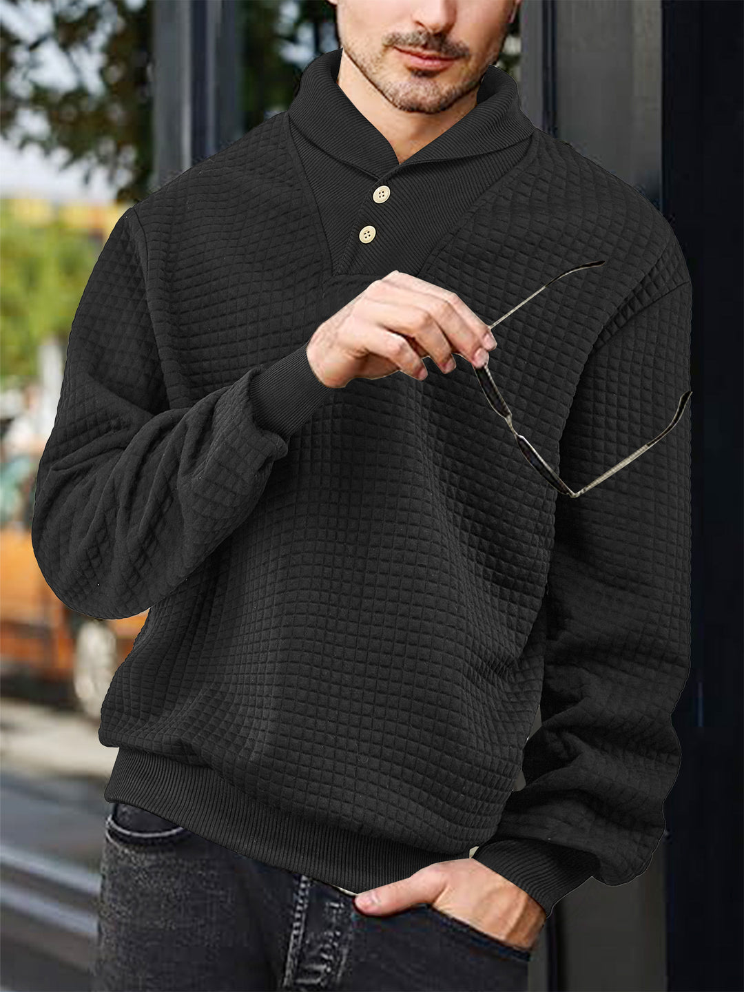Herren nan eleganter Strickpullover mit Schalkragen, Knopfleiste am Ausschnitt und Karo-Waffelstruktur Drune