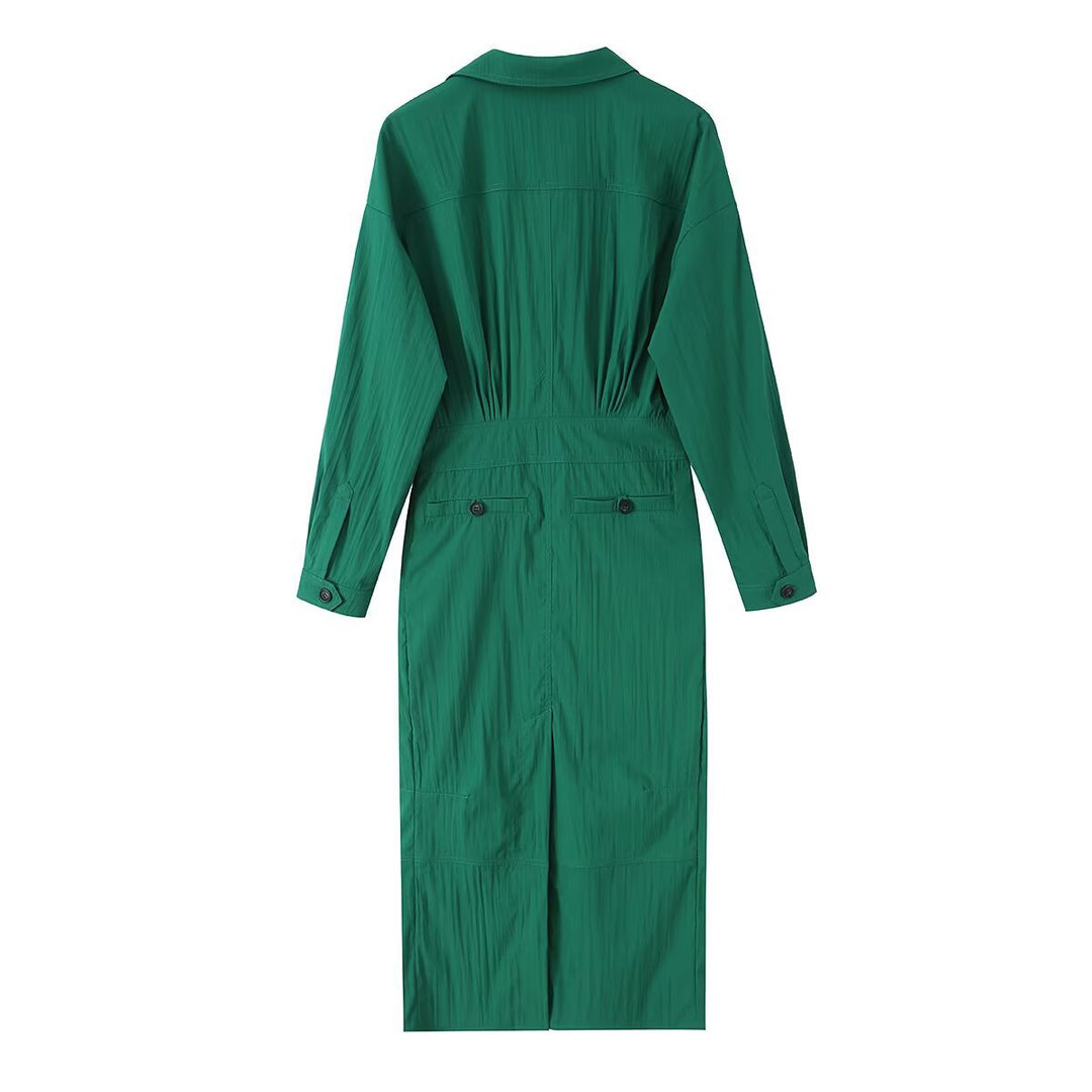 Damen Hemdblusen-Midikleid mit V-Ausschnitt, elastischer Taille und aufgesetzten Taschen Drune