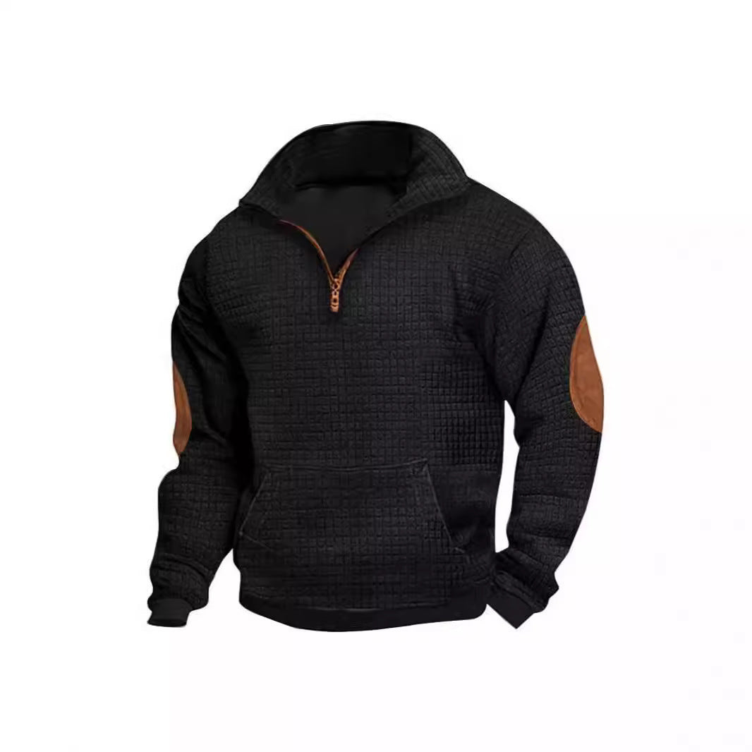 Herren nan strukturiertes Freizeit-Pullover mit kurzem Reißverschluss, Kängurutasche und Ellenbogen-Lederbesatz Drune