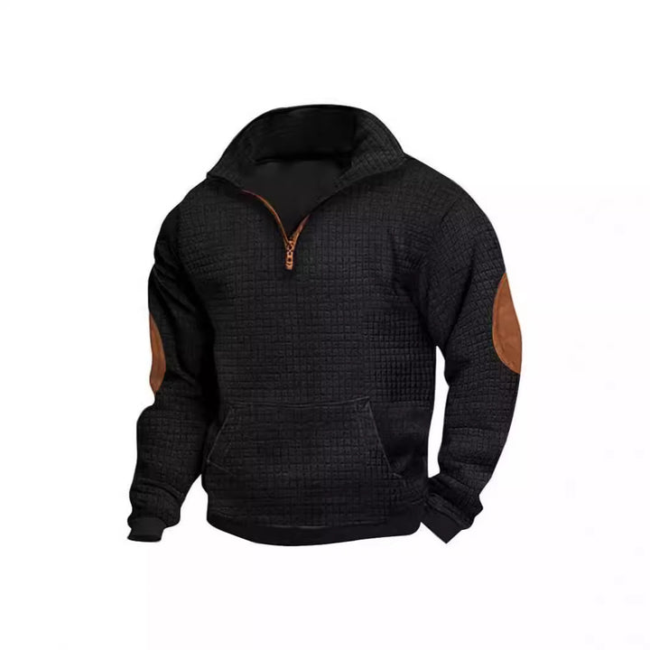 Herren nan strukturiertes Freizeit-Pullover mit kurzem Reißverschluss, Kängurutasche und Ellenbogen-Lederbesatz Drune