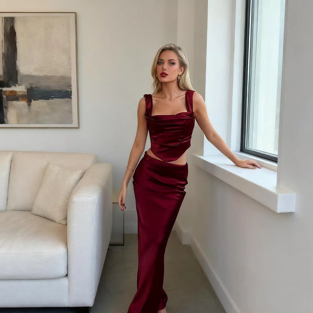 Damen Elegantes Satin Set mit tailliertem Oberteil und schwingendem Rock Drune