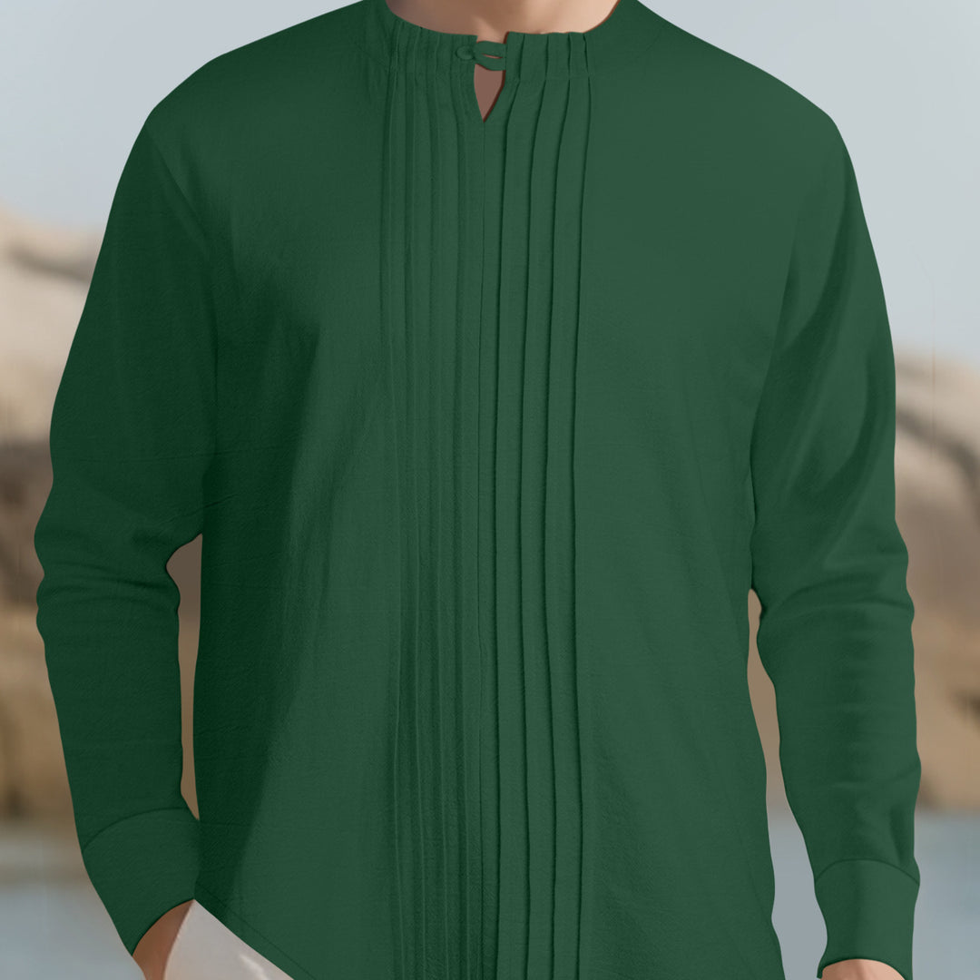 Herren Leichtes Langarmshirt im Leinenlook mit Stehkragen, Kellerfalten und Schlaufenverschluss Drune