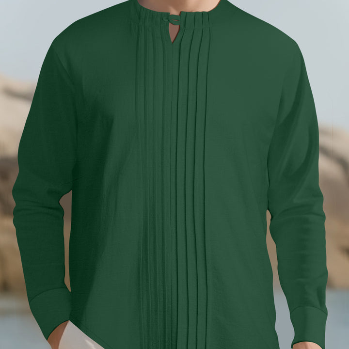 Herren Leichtes Langarmshirt im Leinenlook mit Stehkragen, Kellerfalten und Schlaufenverschluss Drune