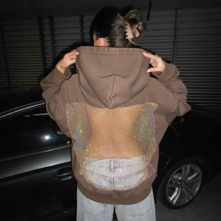 Damen Hoodie mit glitzerndem Mesh-Rückenapplikation Drune