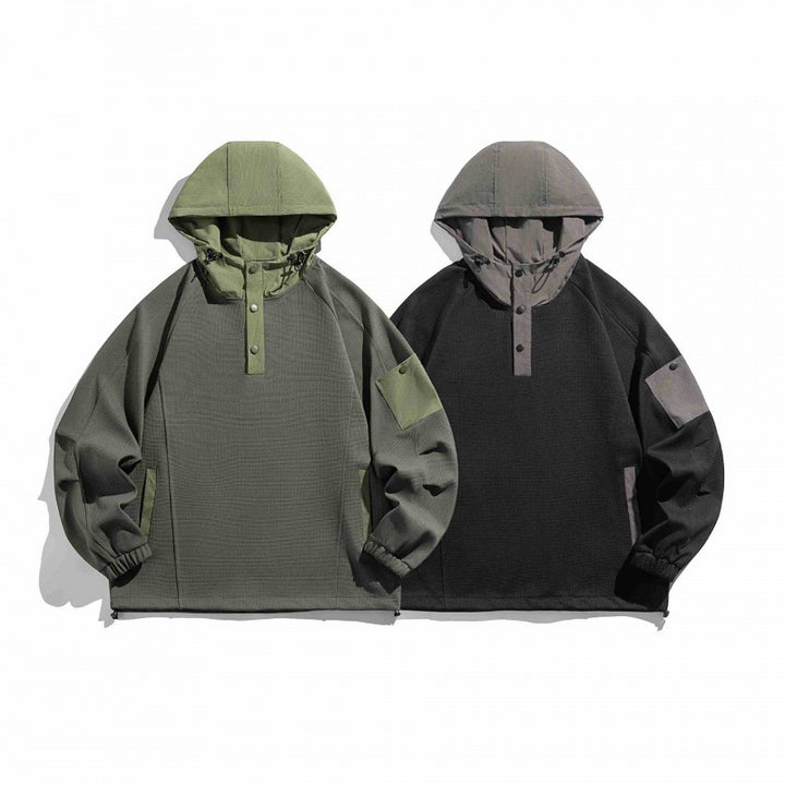 Unisex Technischer Kapuzenpullover im Oversize‑Cut mit Henley‑Knopfleiste, Patchtasche und tunnelzug Drune
