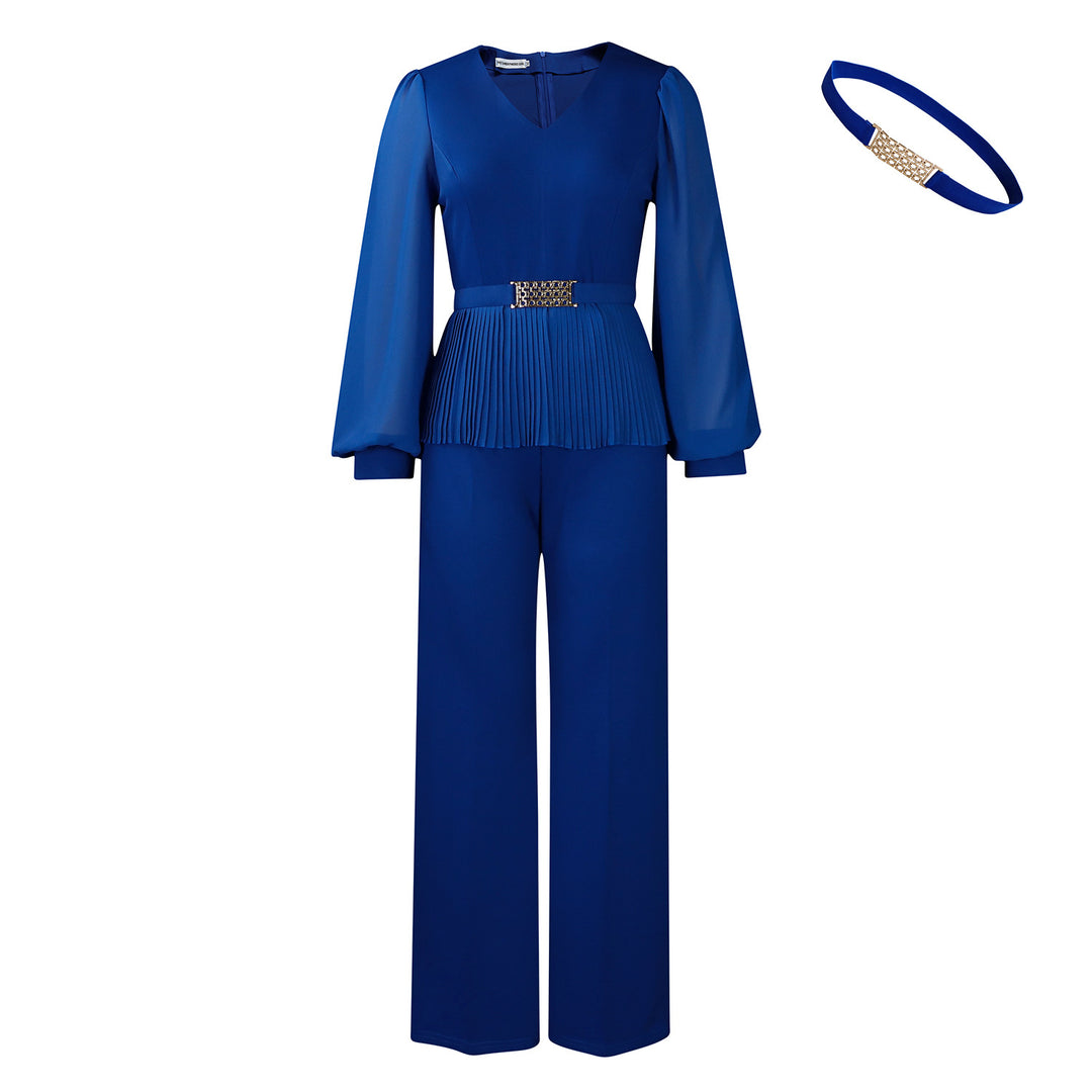 Damen Eleganter Plissee-Jumpsuit mit taillierter Passform und langen Ärmeln Drune