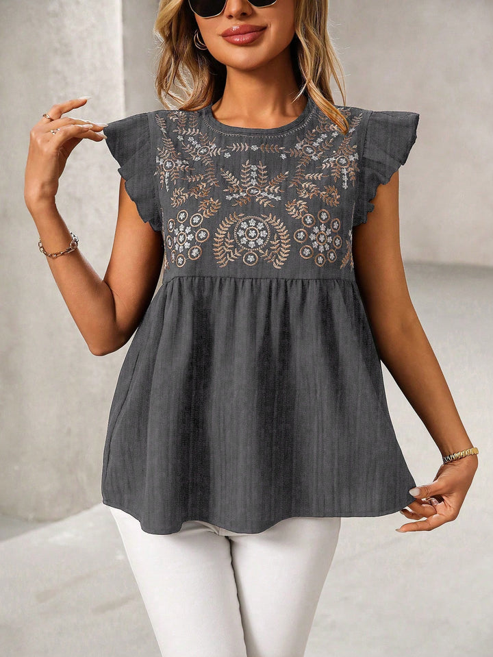 Damen Lockeres besticktes Babydoll-Top mit Rüschenärmeln Drune
