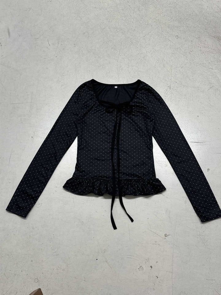 Damen nan tailliertes Longsleeve mit Rüschensaum, Tunnelzug und feinem Punktmuster Drune