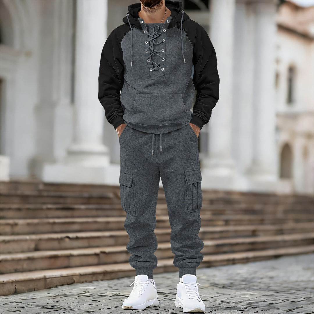 Herren Kapuzen-Sweatshirt mit vorn geschnürter Blende, Raglanärmeln und Kängurutasche Drune