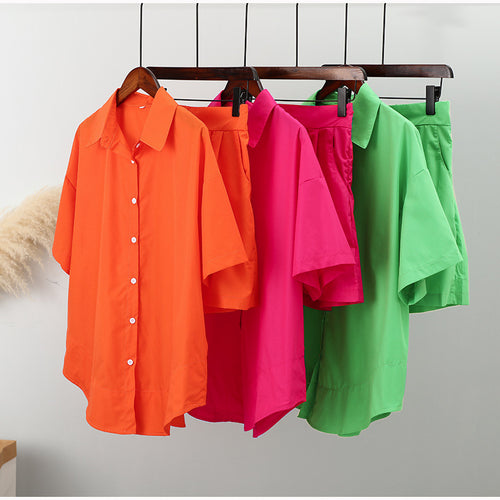 Damen Freizeit Knopf-up Shirt und Shorts Set Drune