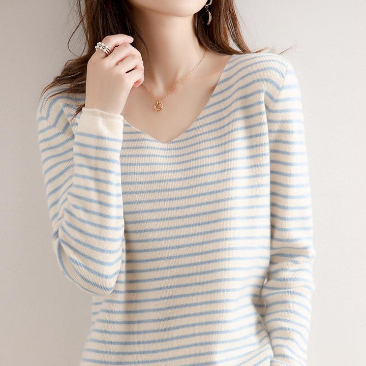 Damen Zarter Streifen-V‑Ausschnittpullover aus feinem Rippstrick mit weichem Fall Drune