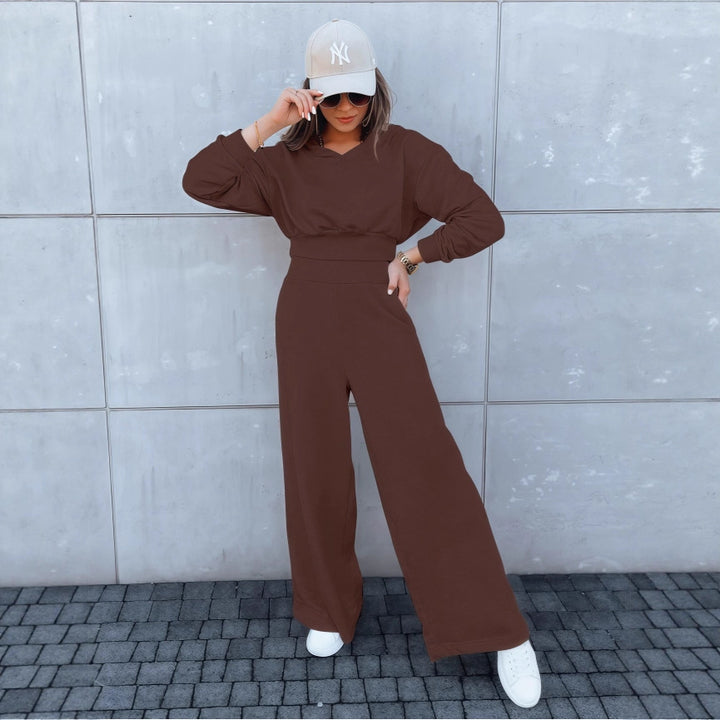 Damen Loungewear-Set mit Cropped V‑Ausschnitt-Pullover und hochtaillierter Palazzohose Drune