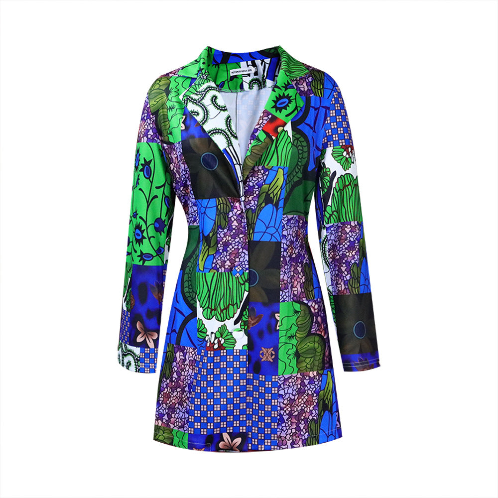 Damen Blazer-Kleid mit buntem Patchwork-Muster Drune