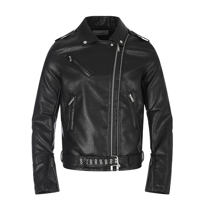 Herren taillierte Bikerjacke aus Kunstleder mit asymmetrischem Reißverschluss und Nieten-Taillengürtel Drune