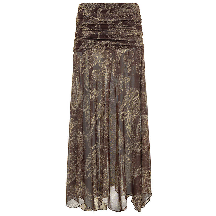 Damen Langer Chiffon-Rock mit gerafftem Bund, Paisley-Print und Zipfelsaum Drune
