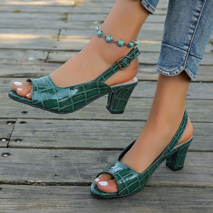 Damen elegante Peeptoe-Slingback Sandalen mit mittelhohem Blockabsatz Kroko-Lackleder-Optik Drune