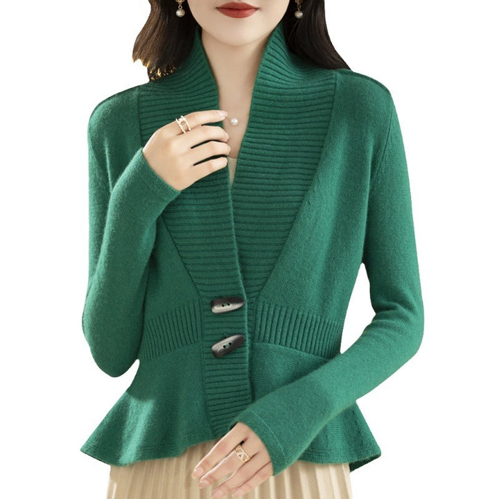 Damen elegante Strickjacke mit Wickeloptik und Knopfdetail Drune