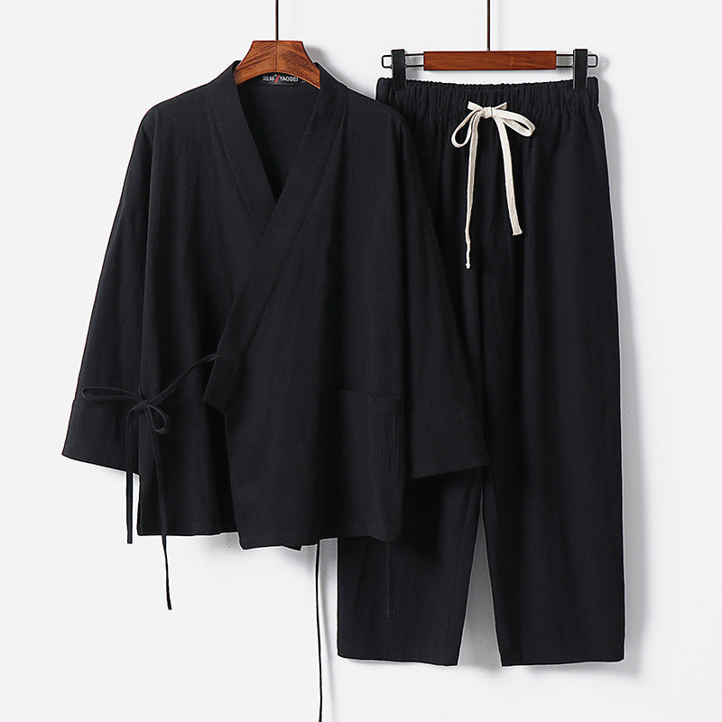 Unisex Leichtes Kimono-Lounge-Set aus weichfallendem Baumwoll-Mix mit Tunnelzughose Drune