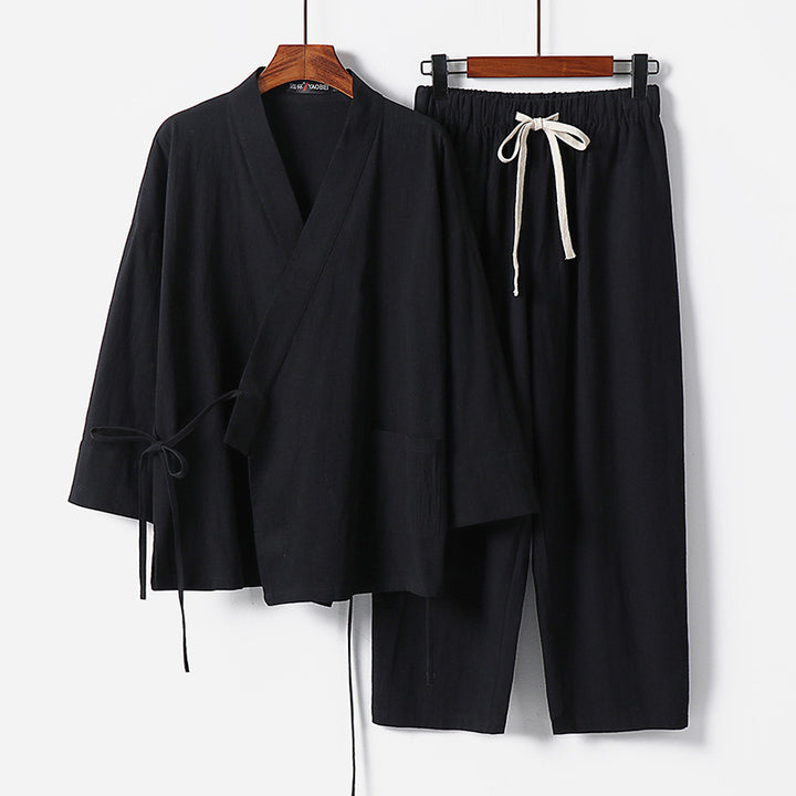 Unisex Leichtes Kimono-Lounge-Set aus weichfallendem Baumwoll-Mix mit Tunnelzughose Drune