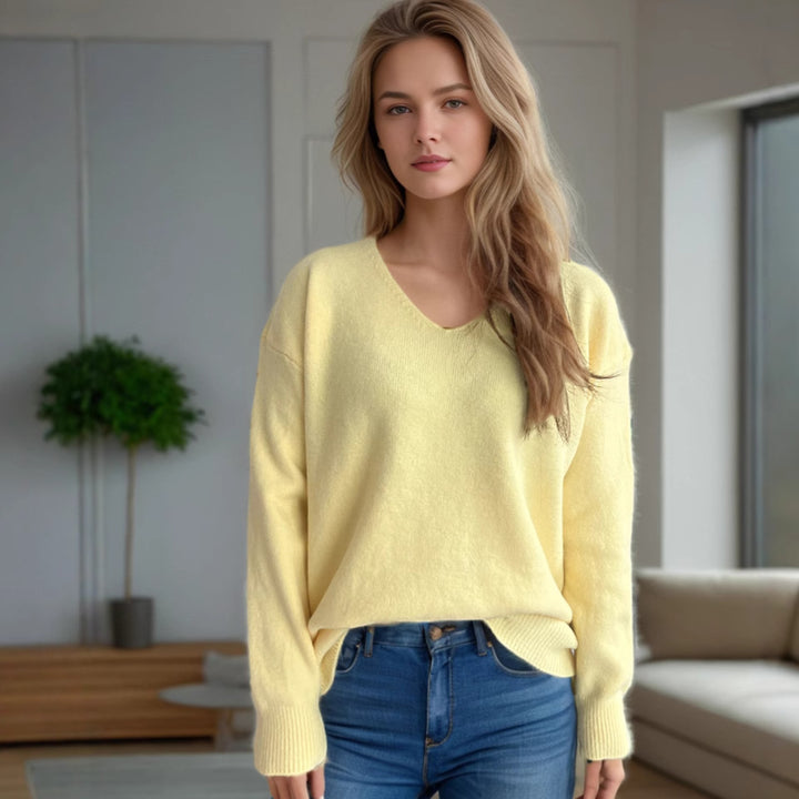 Damen bequemer V-Ausschnitt Pullover mit weichem Strickstoff Drune