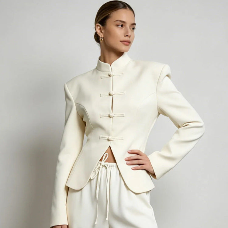 Damen Sculpted‑Blazer mit Stehkragen, dekorativen Knotenverschlüssen und taillierter Silhouette Drune
